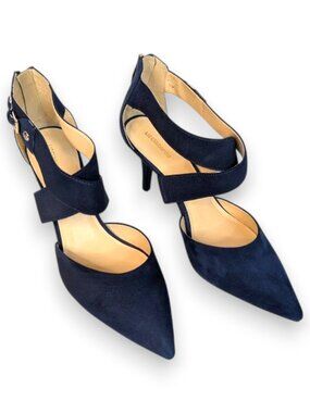 Liz Claiborne Keegan Dark Blue Suede Crossover Strap Stiletto Heels EUC